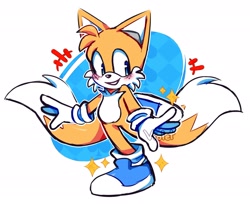 Size: 2048x1669 | Tagged: safe, artist:violetmadness7, miles "tails" prower, fox, abstract background, blue shoes, blushing, clenched teeth, freckles, gloves, looking at something, redesign, shoes, smile, socks, solo, sparkles, standing on one leg