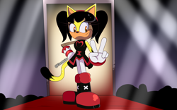Size: 2400x1500 | Tagged: safe, artist:kitarehamakura, honey the cat, cat, boots, doorway, dress, gloves, hand on hip, looking down, ponytails, redesign, smile, solo, sonic the fighters, stage, stage light, standing, v sign