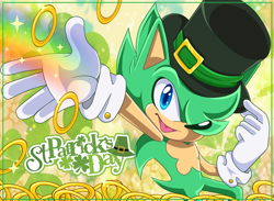 Size: 1024x748 | Tagged: safe, artist:jenyrous, irish the hedgehog, hedgehog, gloves, hand-out, hat, looking at viewer, mouth open, rainbow, rings, solo, st.patrick's day