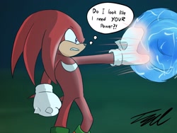 Size: 2048x1536 | Tagged: safe, artist:davesenpai2021, knuckles the echidna, sonic the hedgehog, echidna, hedgehog, sonic the hedgehog 2 (2022), clenched fist, clenched teeth, duo, electricity, gradient background, holding something, knuckles catches sonic, looking at them, meme, redraw, signature, standing, thought bubble