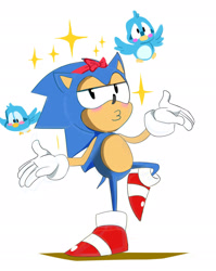 Size: 1629x2048 | Tagged: safe, artist:cakeklis, flicky, sonic the hedgehog, bird, hedgehog, ambiguous gender, bow, classic sonic, classic style, male, simple background, sparkles, standing on one leg, trio, white background