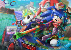 Size: 1748x1240 | Tagged: safe, artist:abrilthemareep, knuckles the echidna, miles "tails" prower, sonic the hedgehog, echidna, fox, hedgehog, car, male, males only, sonic & all-stars racing transformed, trio
