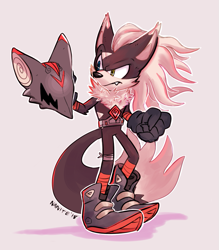 Size: 991x1133 | Tagged: safe, artist:nanitecity, infinite the jackal, jackal, bandage, clenched fist, frown, gloves, heterochromia, holding something, infinite's mask, looking offscreen, neck fluff, one fang, phantom ruby, pink background, shoes, signature, simple background, solo, sonic boom (tv), standing