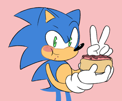 Size: 950x784 | Tagged: safe, artist:nanitecity, sonic the hedgehog, hedgehog, blushing, chili dog, crumbs, eating, food, gloves, holding something, looking at viewer, pink background, sauce, simple background, solo, standing, v sign