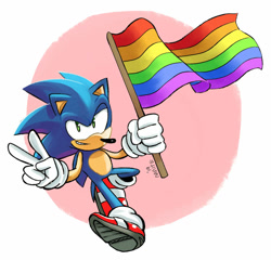 Size: 1024x983 | Tagged: safe, artist:nanitecity, sonic the hedgehog, hedgehog, abstract background, clenched teeth, flag, gay pride, gloves, holding something, looking at viewer, modern sonic, pride, running, shoes, signature, smile, socks, solo, v sign