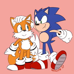 Size: 500x500 | Tagged: safe, artist:nanitecity, miles "tails" prower, sonic the hedgehog, fox, hedgehog, clenched fist, duo, gloves, hand on head, looking at each other, pink background, shoes, signature, simple background, smile, socks, standing, standing on one leg