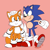 Size: 500x500 | Tagged: safe, artist:nanitecity, miles "tails" prower, sonic the hedgehog, fox, hedgehog, clenched fist, duo, gloves, hand on head, looking at each other, male, pink background, shoes, signature, simple background, smile, socks, standing, standing on one leg, treads