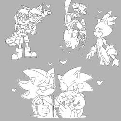 Size: 1024x1024 | Tagged: safe, artist:nanitecity, blaze the cat, nicole the hololynx, sally acorn, shadow the hedgehog, sonic the hedgehog, tangle the lemur, cat, chao, hedgehog, lemur, blushing, bouquet, flowers, gay, gloves, grey background, group, hearts, holding them, lesbian, looking at each other, looking at them, neutral chao, nicole x sally, shadow x sonic, shipping, shoes, simple background, socks, standing, tanglaze, upside down, valentine's day