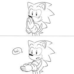 Size: 1000x1000 | Tagged: safe, artist:nanitecity, sonic the hedgehog, hedgehog, boi, classic sonic, dialogue, frown, gloves, hands together, looking offscreen, meme, mouth open, simple background, solo, speech bubble, standing, white background