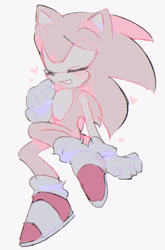 Size: 600x910 | Tagged: safe, artist:holoskas, sonic the hedgehog, oc, oc:sakura sonic, hedgehog, blushing, color swap, eyes closed, gloves, hearts, mouth open, pink fur, shoes, simple background, sitting, socks, solo, white background