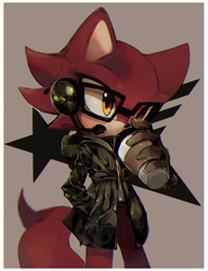 Size: 1000x1305 | Tagged: safe, artist:holoskas, gadget the wolf, wolf, sonic forces, coffee, drinking, glasses, gloves, grey background, hand in pocket, holding something, jacket, looking offscreen, microphone, simple background, solo, standing