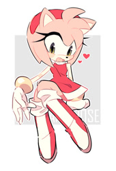 Size: 510x752 | Tagged: safe, artist:holoskas, amy rose, hedgehog, abstract background, blushing, boots, gloves, headband, hearts, looking down, mouth open, one fang, sitting, socks, solo
