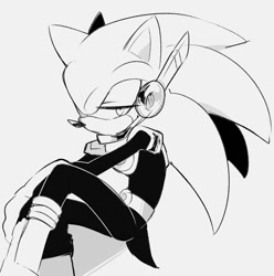 Size: 896x904 | Tagged: safe, artist:holoskas, zonic the zone cop, hedgehog, belt, boots, frown, grey background, lidded eyes, looking at viewer, simple background, sitting, solo