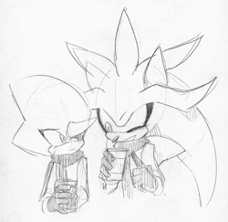 Size: 1791x1740 | Tagged: safe, artist:holoskas, espio the chameleon, silver the hedgehog, hedgehog, chameleon, coffee, duo, frown, gay, gloves, grey background, holding something, looking at each other, mouth open, pencilwork, pointing, scarf, shipping, silvio, simple background, sketch, standing, sweatdrop, wink