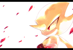Size: 718x500 | Tagged: safe, artist:holoskas, espio the chameleon, chameleon, clenched fist, frown, looking offscreen, petals, red eyes, simple background, solo, super espio, super form, white background