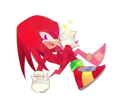 Size: 822x700 | Tagged: safe, artist:holoskas, knuckles the echidna, echidna, clenched fist, looking at viewer, mid-air, mouth open, one fang, simple background, solo, star (symbol), white background