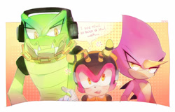 Size: 1023x655 | Tagged: safe, artist:holoskas, charmy bee, espio the chameleon, vector the crocodile, bee, crocodile, blushing, chameleon, dialogue, lidded eyes, looking at them, looking at viewer, mouth open, pointing, speech bubble, team chaotix, trio