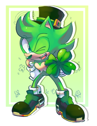 Size: 1124x1456 | Tagged: safe, artist:cuteytcat, irish the hedgehog, hedgehog, abstract background, four leaf clover, gloves, hand on hip, hat, holding something, leaning in, looking at viewer, mouth open, shoes, socks, solo, standing, wink