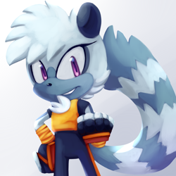Size: 1000x1000 | Tagged: safe, artist:cuteytcat, tangle the lemur, lemur, clenched fist, clenched teeth, featured image, fingerless gloves, grey background, hand on hip, lineless, looking at viewer, no outlines, simple background, smile, solo, sonic the hedgehog (idw), speedpaint in description, standing