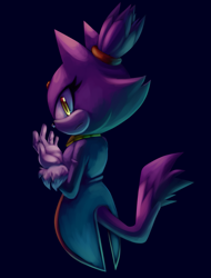 Size: 1309x1725 | Tagged: safe, artist:cuteytcat, blaze the cat, cat, blue background, frown, gloves, lineless, looking at viewer, looking back, no outlines, simple background, solo, speedpaint in description, standing