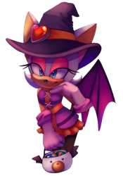 Size: 1400x2000 | Tagged: safe, artist:cuteytcat, rouge the bat, bat, candy, dress, food, gloves, halloween, hand on cheek, hat, heart, holding something, lidded eyes, lineless, looking at viewer, no outlines, simple background, smile, solo, sonic forces: speed battle, speedpaint in description, standing, transparent background, witch outfit