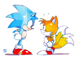 Size: 1024x794 | Tagged: safe, artist:nerkin, miles "tails" prower, sonic the hedgehog, fox, hedgehog, classic sonic, classic tails, duo, gloves, hands on hips, leaning in, looking at each other, looking down, looking up, no mouth, shoes, signature, simple background, size difference, smile, socks, staring contest, sweatdrop, tailabetes, white background