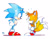Size: 1024x794 | Tagged: safe, artist:nerkin, miles "tails" prower, sonic the hedgehog, fox, hedgehog, classic sonic, classic tails, duo, gloves, hands on hips, leaning in, looking at each other, looking down, looking up, no mouth, shoes, signature, simple background, size difference, smile, socks, staring contest, sweatdrop, tailabetes, white background