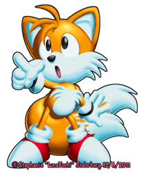 Size: 430x525 | Tagged: safe, artist:lululunabuna, miles "tails" prower, fox, classic style, classic tails, faux 3d, gloves, lineless, looking up, mouth open, pointing, redraw, shoes, simple background, socks, solo, standing, transparent background