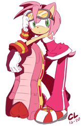Size: 666x1000 | Tagged: safe, artist:caninelove, amy rose, hedgehog, extreme gear, frown, gloves, goggles, leaning, looking offscreen, pants, riders style, shoes, signature, simple background, solo, sonic riders, standing on one leg, white background