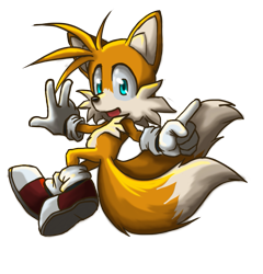 Size: 729x758 | Tagged: safe, artist:death--xiii, miles "tails" prower, fox, fluffy, gloves, looking at viewer, mouth open, pointing, posing, redraw, shoes, simple background, socks, solo, transparent background, turquoise eyes, v sign