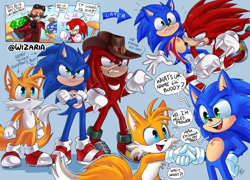 Size: 3145x2263 | Tagged: safe, artist:wizaria, knuckles the echidna, miles "tails" prower, robotnik, sonic the hedgehog, echidna, fox, hedgehog, human, sonic the hedgehog 2 (2022), blue background, group, hat, male, males only, simple background