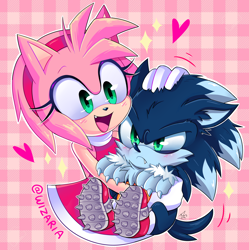Size: 2944x2955 | Tagged: safe, artist:wizaria, amy rose, sonic the hedgehog, hedgehog, sonic unleashed, amy x sonic, cute, duo, female, male, outline, shipping, straight, werehog