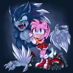 Size: 2922x2922 | Tagged: safe, artist:wizaria, amy rose, sonic the hedgehog, hedgehog, sonic unleashed, amy x sonic, duo, female, male, shipping, straight, werehog