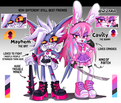 Size: 3587x3035 | Tagged: safe, artist:wizaria, oc, oc:cavity the bunny, oc:mayhem the bat, bat, rabbit, bandage, character sheet, club, collar, duo, female, females only, lollipop, looking at viewer, nosebleed, outline, sharp teeth, skirt, sword, this will end in injury and/or death, tongue out