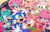 Size: 3125x2012 | Tagged: safe, artist:wizaria, amy rose, sonic the hedgehog, bat, hedgehog, amy x sonic, blushing, boo, classic amy, classic style, cosplay, cute, eyes closed, female, group, hands on own face, hatsune miku, heart, lidded eyes, male, mouth open, outfit swap, outline, rouge's heart top, self paradox, shipping, smile, sonic boom (tv), species swap, straight, vocaloid