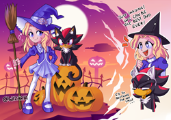 Size: 3196x2256 | Tagged: safe, artist:wizaria, maria robotnik, shadow the hedgehog, cat, hedgehog, human, pumpkin hill, sonic adventure 2, cat ears, costume, cute, dialogue, duo, female, halloween, male, species swap, witch