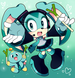 Size: 2176x2267 | Tagged: safe, artist:domestic maid, cheese (chao), cream the rabbit, chao, rabbit, abstract background, cosplay, duo, gradient background, hatsune miku, heart, holding something, leek, mouth open, neutral chao, smile, standing, vocaloid