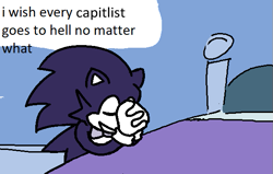 Size: 589x375 | Tagged: safe, artist:sonicwikia, sonic the hedgehog, oc, oc:telecast (sonicwikia), hedgehog, bed, bowtie, english text, eyes closed, hands together, indoors, meme, praying, solo