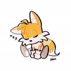 Size: 2048x2048 | Tagged: safe, artist:advosart, miles "tails" prower, fox, clenched fists, cute, eyes closed, no mouth, signature, simple background, sitting, sleeping, solo, white background, zzz