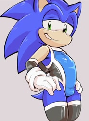 Size: 745x1008 | Tagged: suggestive, artist:dandimango, sonic the hedgehog, hedgehog, bodysuit, bulge, clenched teeth, gloves, grey background, hands on hips, lidded eyes, looking at viewer, simple background, smile, solo
