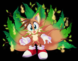 Size: 900x706 | Tagged: safe, artist:montyth, miles "tails" prower, black background, brown fur, gloves, kitsune, leaf, looking at viewer, mouth open, nine tails, peach fur, shoes, simple background, socks, solo, standing