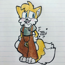 Size: 1280x1280 | Tagged: safe, artist:tokyoinkwolf, miles "tails" prower, fox, abstract background, badge, blushing, fangs, gloves, headcanon, heart, looking offscreen, mouth open, nonbinary, nonbinary pride, pants, redesign, shirt, signature, solo, standing, traditional media