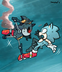 Size: 600x698 | Tagged: safe, artist:dragnoodlez, metal sonic, sonic the hedgehog, hedgehog, sonic the ova, abstract background, black sclera, duo, fight, flying, gloves, glowing eyes, looking at each other, mid-air, mouth open, no mouth, redraw, robot, shocked, shoes, signature, smoke, socks, sweatdrop, this will end in injury and/or death, this won't end well