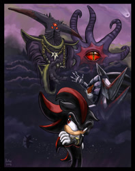 Size: 957x1206 | Tagged: safe, artist:netraptor, black doom, shadow the hedgehog, hedgehog, alien, arms folded, doom's eye, floppy ears, group, hand-out, looking up, metal shadow, robot, shadow the hedgehog (video game), signature, smoke