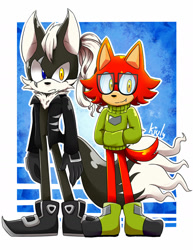 Size: 1280x1654 | Tagged: safe, artist:kjuly, gadget the wolf, infinite the jackal, jackal, wolf, sonic forces, duo, gay, male, males only, outline, rookinite, shipping