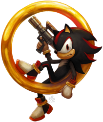 Size: 600x710 | Tagged: safe, artist:ry-spirit, shadow the hedgehog, hedgehog, frown, gun, holding something, lineless, looking at viewer, no outlines, ring, shadow the hedgehog (video game), signature, simple background, sitting, solo, transparent background