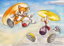 Size: 1024x733 | Tagged: safe, artist:souleatersaku90, miles "tails" prower, fox, cartoon logic, clouds, crossover, duo, flying, gloves, looking at each other, mouth open, pointing, propeller bois, rayman, shocked, shoes, shrunken pupils, socks, spinning tails