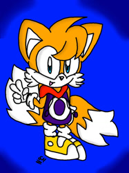 Size: 772x1034 | Tagged: safe, artist:threedaysgrace342, miles "tails" prower, fox, abstract background, child, cosplay, gloves, hoodie, looking at viewer, mouth open, rayman, shoes, signature, socks, solo, standing, v sign