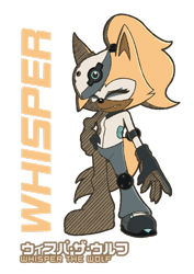 Size: 1280x1808 | Tagged: safe, artist:jt-0907, whisper the wolf, wolf, english text, eyes closed, gloves, hand on hip, japanese text, one fang, riders style, simple background, solo, sonic riders, standing, transparent background