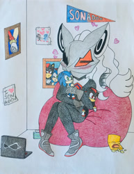 Size: 2152x2787 | Tagged: safe, artist:mikumydearest, infinite the jackal, shadow the hedgehog, sonic the hedgehog, hedgehog, jackal, sonic forces, colored pencil, implied gay, implied shipping, implied sonadow, male, shipper on deck, solo